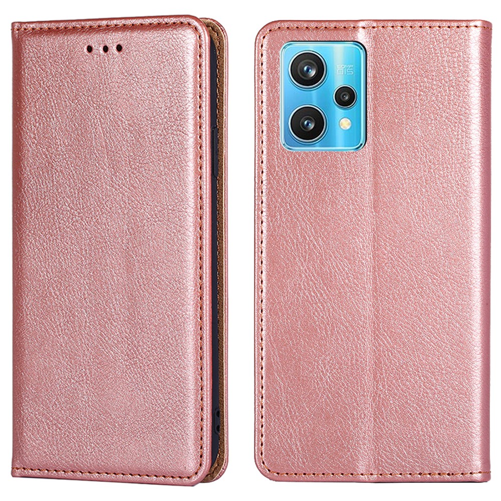 For Realme 9 Pro+ Solid Color PU Leather Wallet Case Stand Magnetic Absorption Shockproof TPU Inner Cover - Rose Gold-1