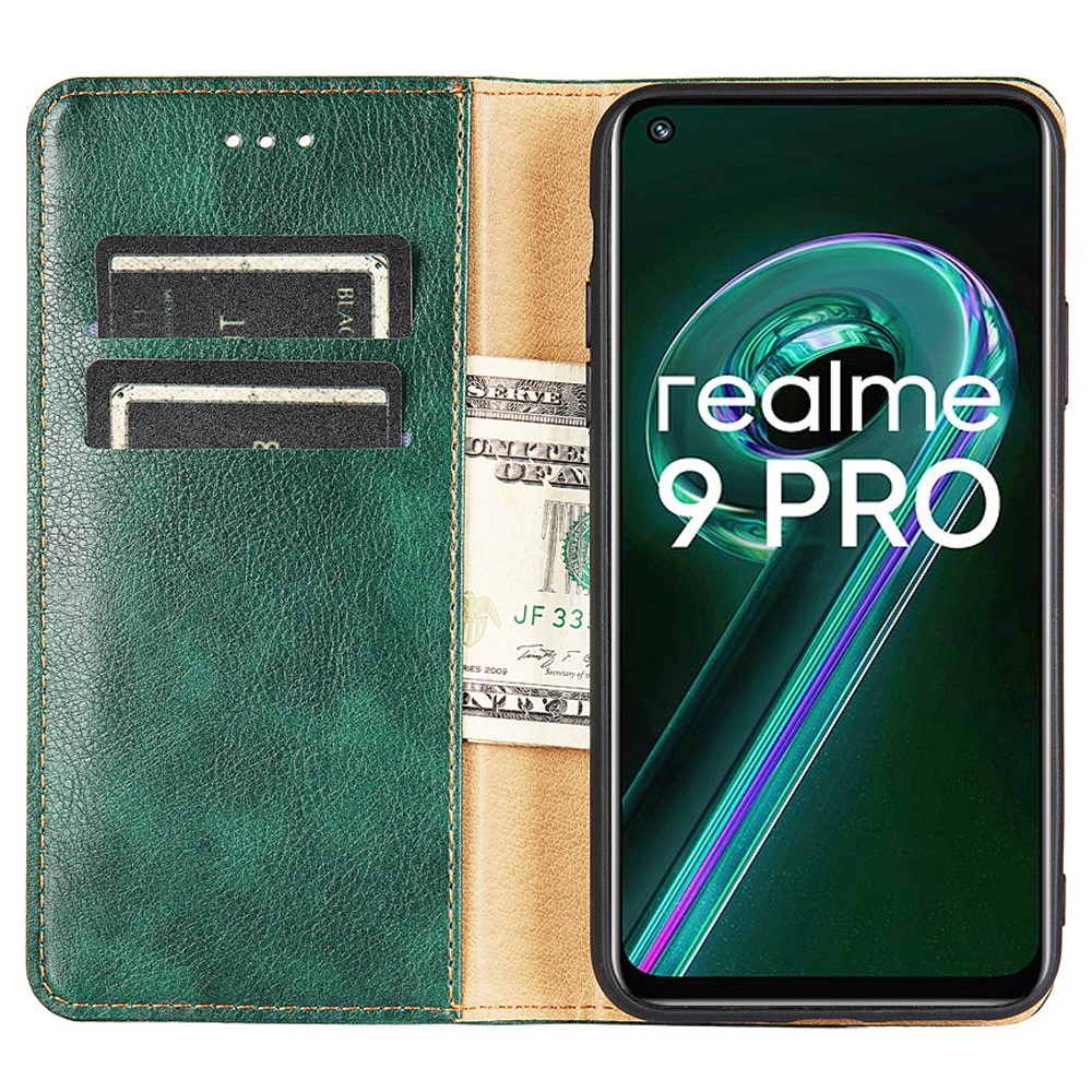 For Realme 9 Pro+ Solid Color PU Leather Wallet Case Stand Magnetic Absorption Shockproof TPU Inner Cover - Rose Gold-7