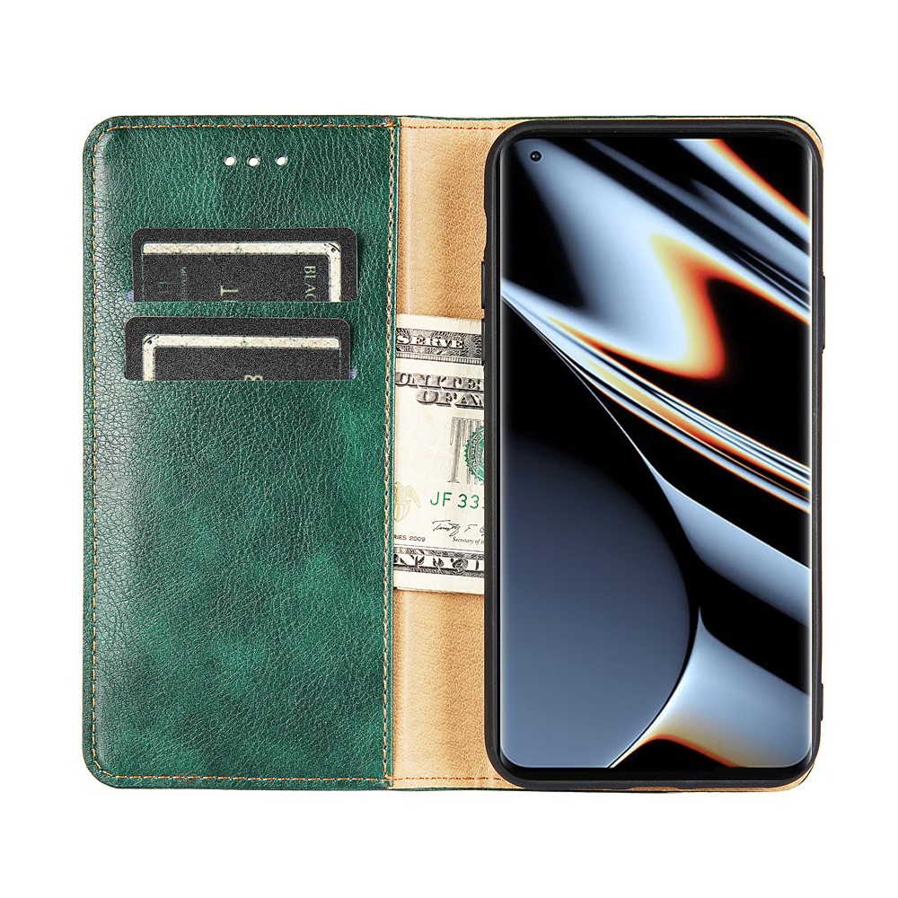 Auto Magnetic Absorption Leather Case for Oppo Find X5 Pro, Solid Color Phone Cover with Wallet Stand - Green-4