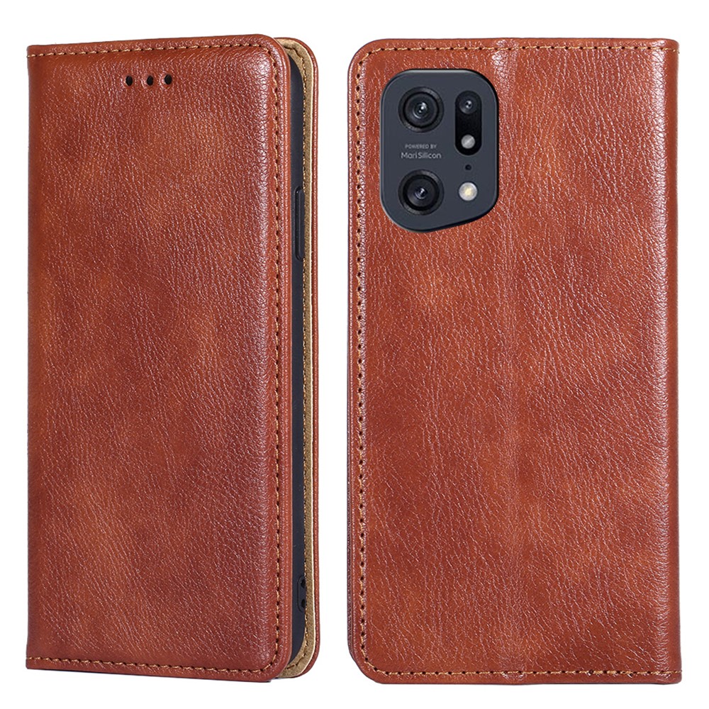 Auto Magnetic Absorption Leather Case for Oppo Find X5 Pro, Solid Color Phone Cover with Wallet Stand - Brown-1