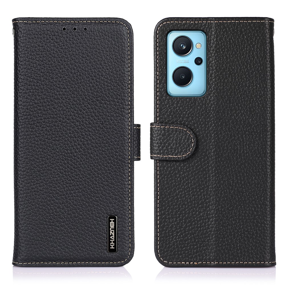 KHAZNEH for Realme 9i Litchi Texture Top-Layer Genuine Leather Shell Folio Flip Wallet Stand Case - Black-1