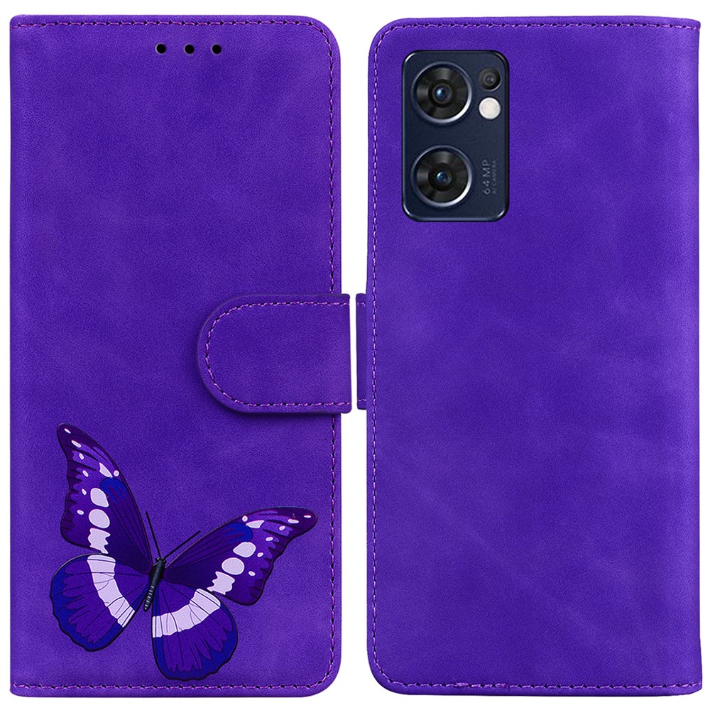 For Oppo Reno7 5G (Global)/Find X5 Lite Butterfly Printing Skin Touch Feeling PU Leather Wallet Cover Stand Phone Case - Purple-1