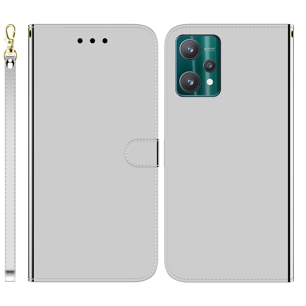 For Realme 9 Pro+ Anti-dust Phone Case Shockproof Mirror-like Surface PU Leather Phone Cover Wallet - Silver-1