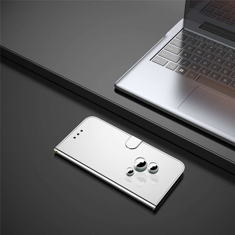 For Realme 9 Pro+ Anti-dust Phone Case Shockproof Mirror-like Surface PU Leather Phone Cover Wallet - Silver-8