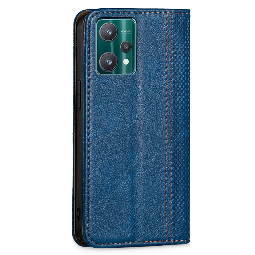 For Realme 9 Pro PU Leather Auto Magnetic Closed Phone Case Plaid Pattern Stand Card Holder Slot TPU Shockproof Flip Cover - Blue-2