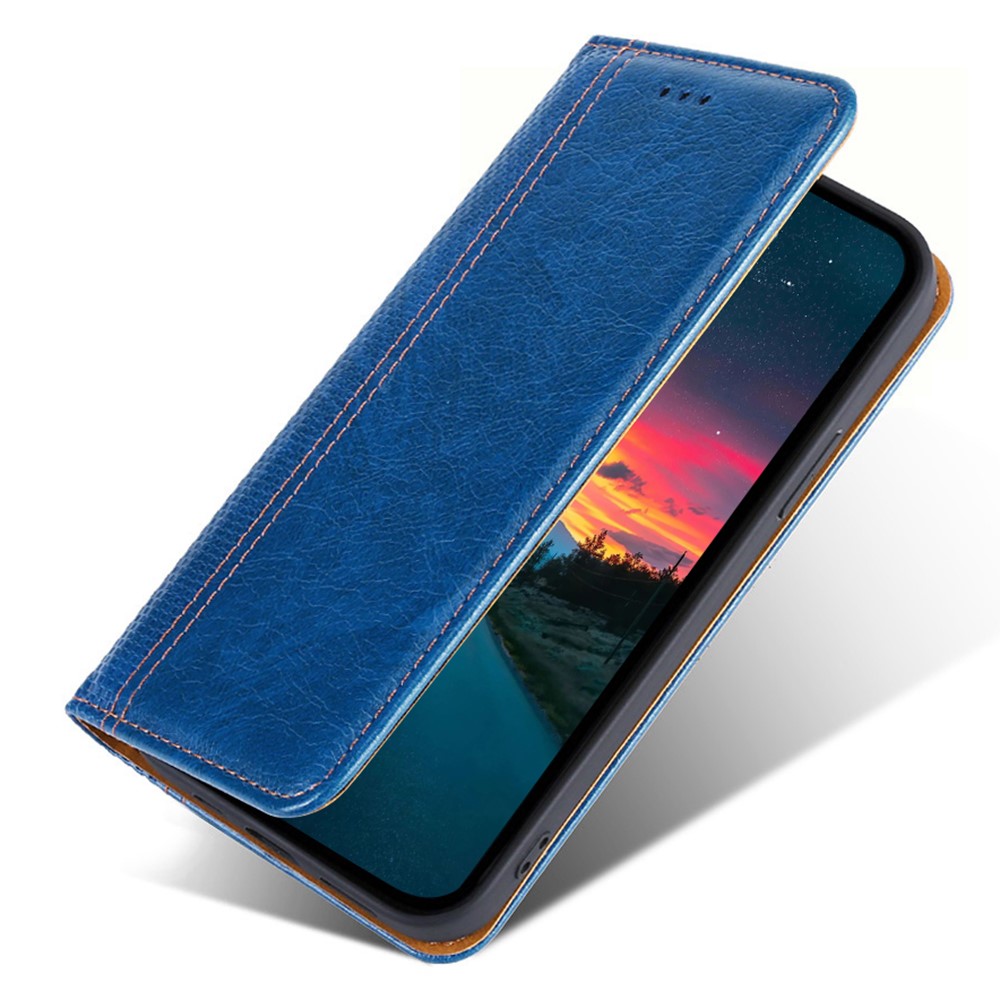 For Realme 9 Pro PU Leather Auto Magnetic Closed Phone Case Plaid Pattern Stand Card Holder Slot TPU Shockproof Flip Cover - Blue-6