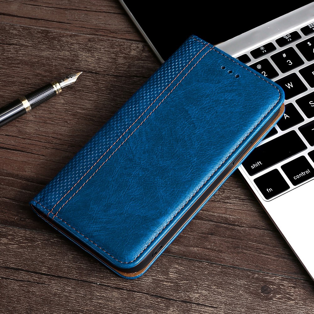 For Realme 9 Pro PU Leather Auto Magnetic Closed Phone Case Plaid Pattern Stand Card Holder Slot TPU Shockproof Flip Cover - Blue-7