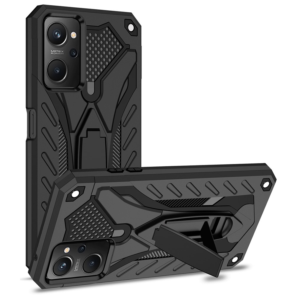 For Realme 9i/Oppo A36/A76 Phantom Knight Series Kickstand PC + TPU Hybrid Shell Anti-scratch Shockproof Phone Case - Black-1