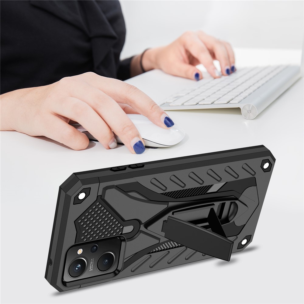 For Realme 9i/Oppo A36/A76 Phantom Knight Series Kickstand PC + TPU Hybrid Shell Anti-scratch Shockproof Phone Case - Black-4