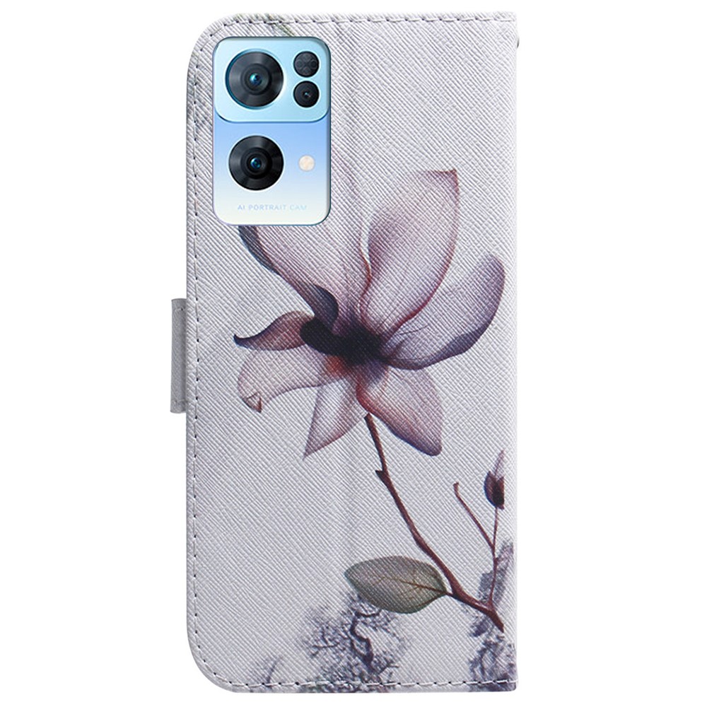 For Oppo Reno7 Pro 5G Pattern Printing Flip PU Leather Phone Case Magnetic Closure Stand Wallet TPU Bumper Protective Cover - Pink Flower-3