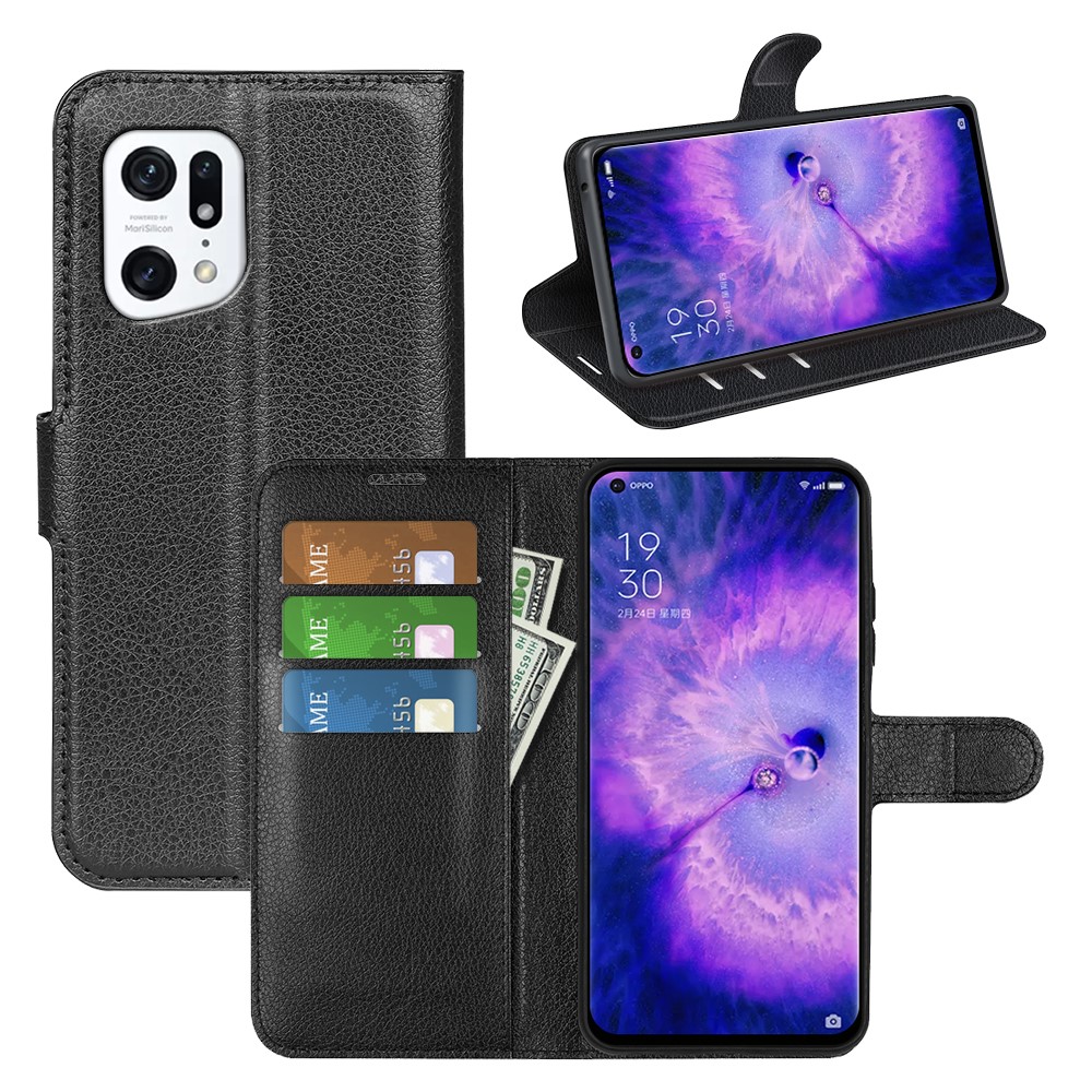 PU Leather Smartphone Cover Bag for Oppo Find X5, Wallet Anti-scratch Litchi Texture Phone Stand Function Dustproof Case - Black-9