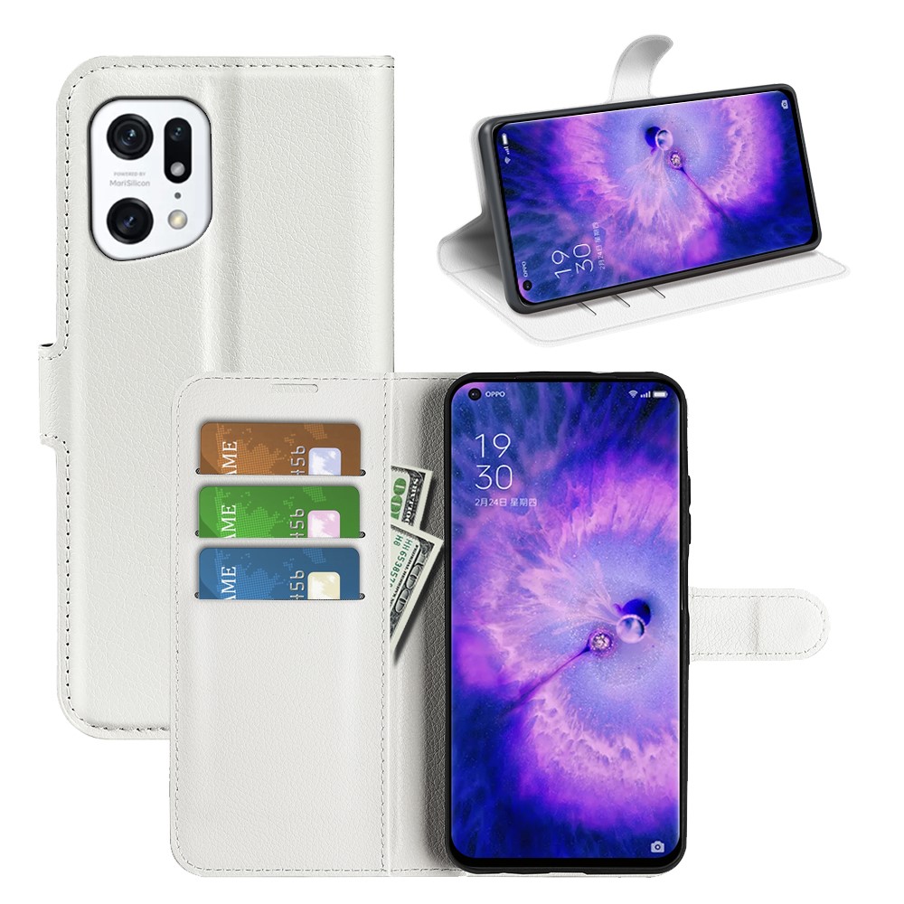 PU Leather Smartphone Cover Bag for Oppo Find X5, Wallet Anti-scratch Litchi Texture Phone Stand Function Dustproof Case - White-7