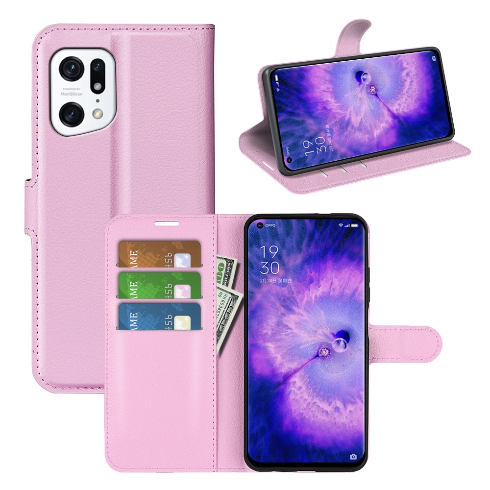 PU Leather Smartphone Cover Bag for Oppo Find X5, Wallet Anti-scratch Litchi Texture Phone Stand Function Dustproof Case - Pink-7
