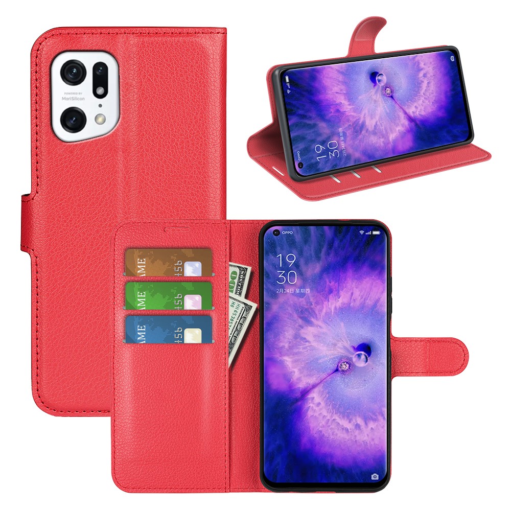 PU Leather Smartphone Cover Bag for Oppo Find X5, Wallet Anti-scratch Litchi Texture Phone Stand Function Dustproof Case - Red-7