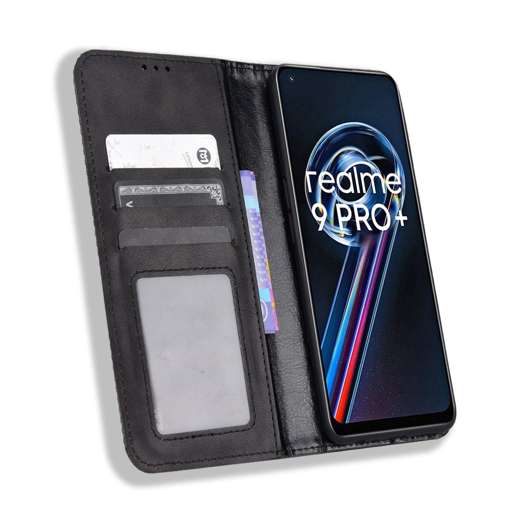 For Realme 9 Pro PU Leather Wallet Vintage Shockproof Mosaic Imprinted Magnetic Auto-absorbed Anti-scratch Case Shell - Black-4