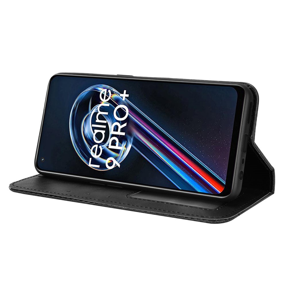 For Realme 9 Pro+ PU Leather Magnetic Auto-absorbed Vintage Mosaic Imprinted Stand Case with Wallet - Black-5