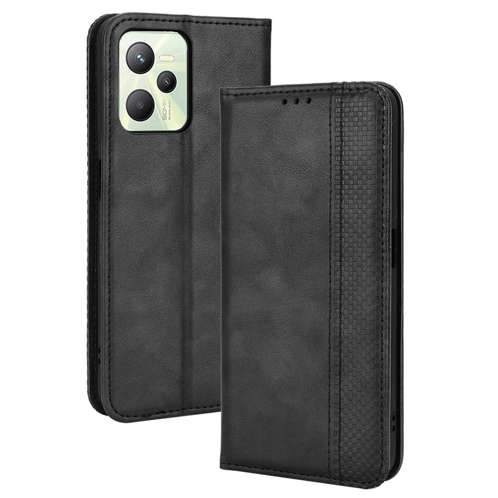 For Realme C35 PU Leather Wallet Vintage Protector Mosaic Imprinted Magnetic Auto-absorbed Anti-fall Case Cover - Black-1