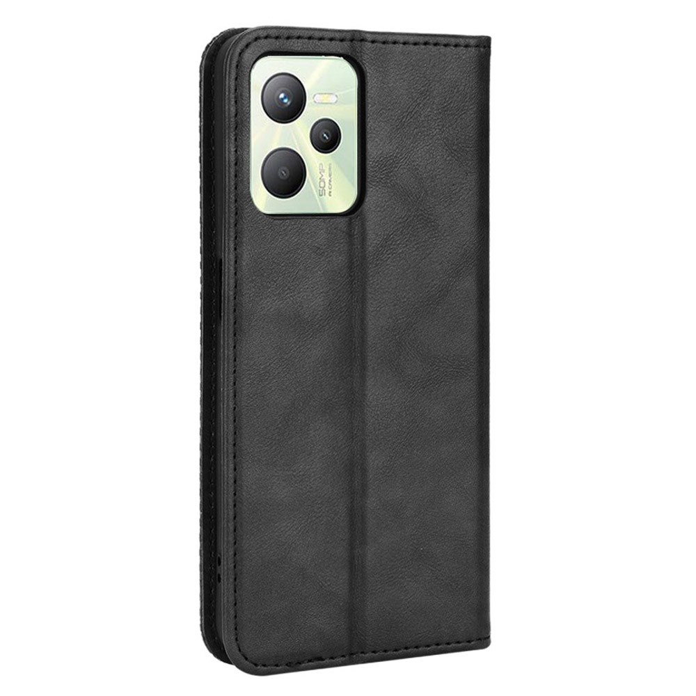 For Realme C35 PU Leather Wallet Vintage Protector Mosaic Imprinted Magnetic Auto-absorbed Anti-fall Case Cover - Black-3