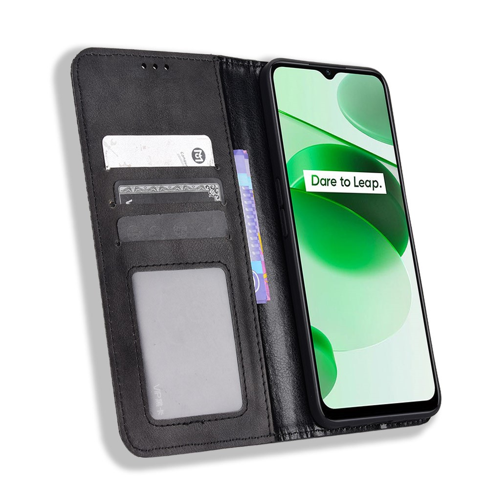 For Realme C35 PU Leather Wallet Vintage Protector Mosaic Imprinted Magnetic Auto-absorbed Anti-fall Case Cover - Black-4