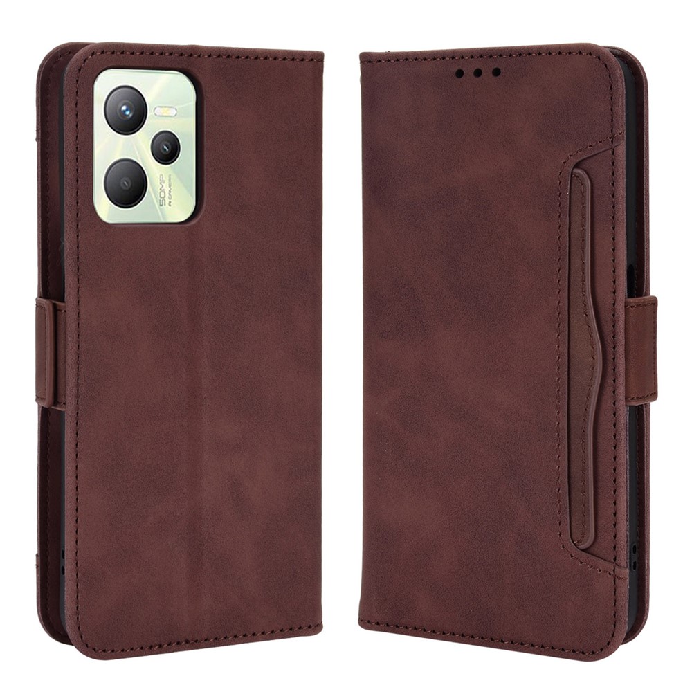 For Realme C35 Wallet Stand Anti-scratch PU Leather Protective Case Multiple Card Slots Magnetic Closing Phone Shell - Brown-1