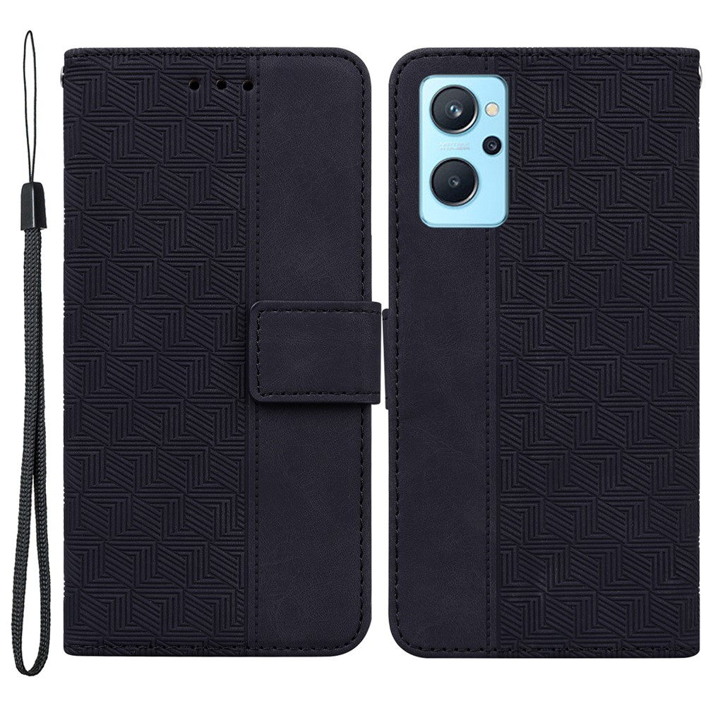 For Oppo A76/Oppo A36/Realme 9i Stylish Geometry Imprinted Wallet Case Stand Fully Wrapped PU Leather Folio Flip Phone Cover - Black-1