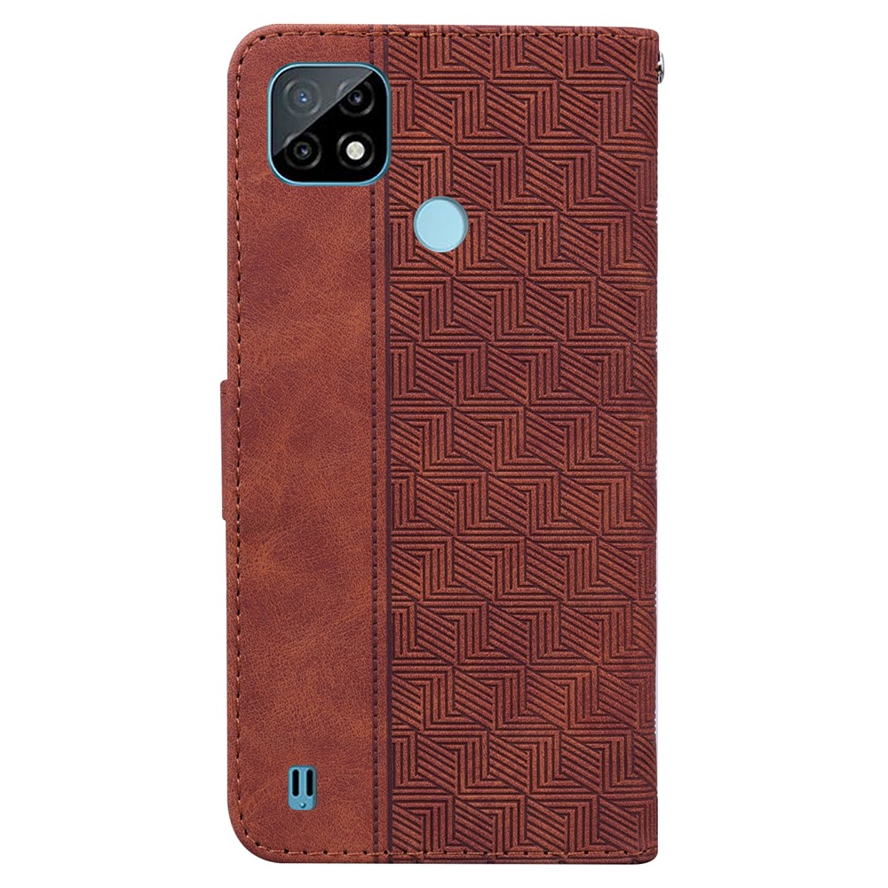 For Realme C21 Stylish Geometry Imprinted Wallet Case with Carrying Strap Stand PU Leather Folio Flip Phone Cover - Brown-3