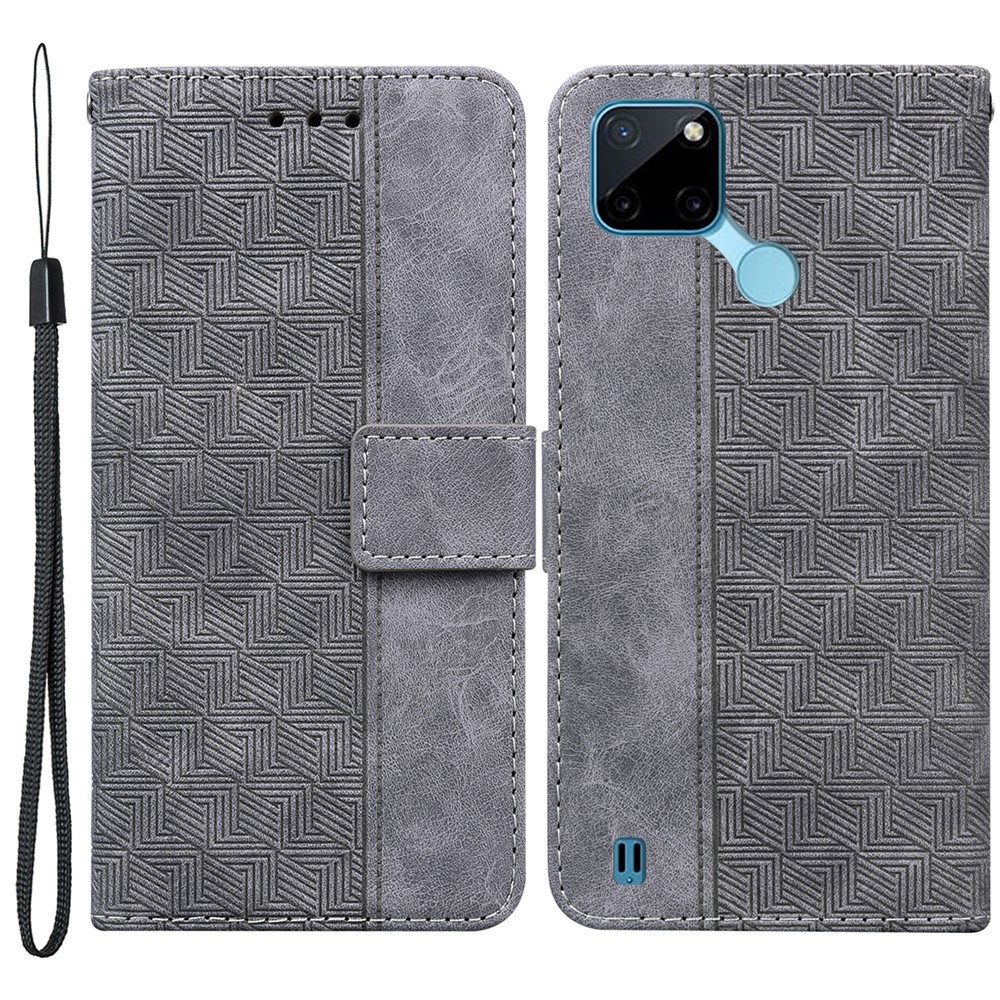 For Realme C21Y Wallet Case Stand Geometry Imprinted PU Leather Folio Flip Shockproof Phone Cover - Grey-1