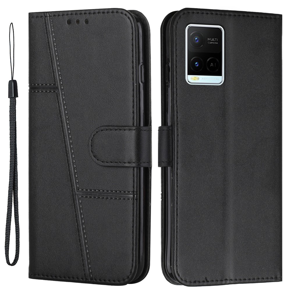 For vivo Y33s / Y21s / Y21 Folding Stand Stitching PU Leather Case Stand Magnetic Closure Shockproof Flip Folio Book Cover with Strap - Black-1