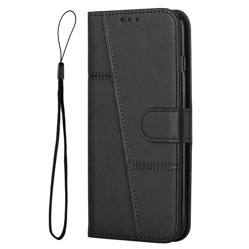 For vivo Y33s / Y21s / Y21 Folding Stand Stitching PU Leather Case Stand Magnetic Closure Shockproof Flip Folio Book Cover with Strap - Black-2