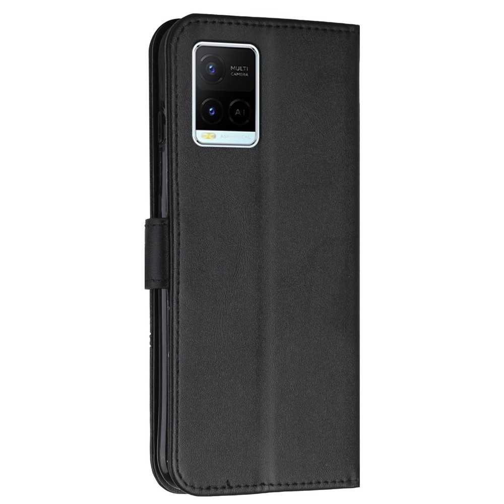 For vivo Y33s / Y21s / Y21 Folding Stand Stitching PU Leather Case Stand Magnetic Closure Shockproof Flip Folio Book Cover with Strap - Black-3