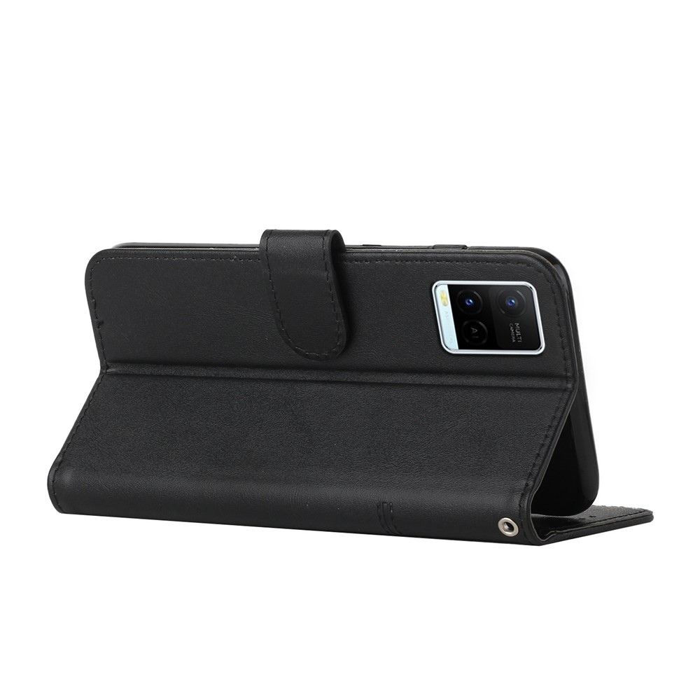 For vivo Y33s / Y21s / Y21 Folding Stand Stitching PU Leather Case Stand Magnetic Closure Shockproof Flip Folio Book Cover with Strap - Black-4