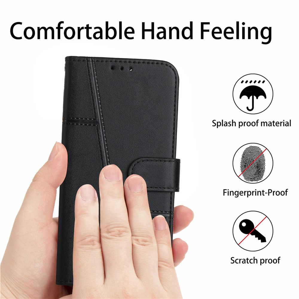 For vivo Y33s / Y21s / Y21 Folding Stand Stitching PU Leather Case Stand Magnetic Closure Shockproof Flip Folio Book Cover with Strap - Black-6