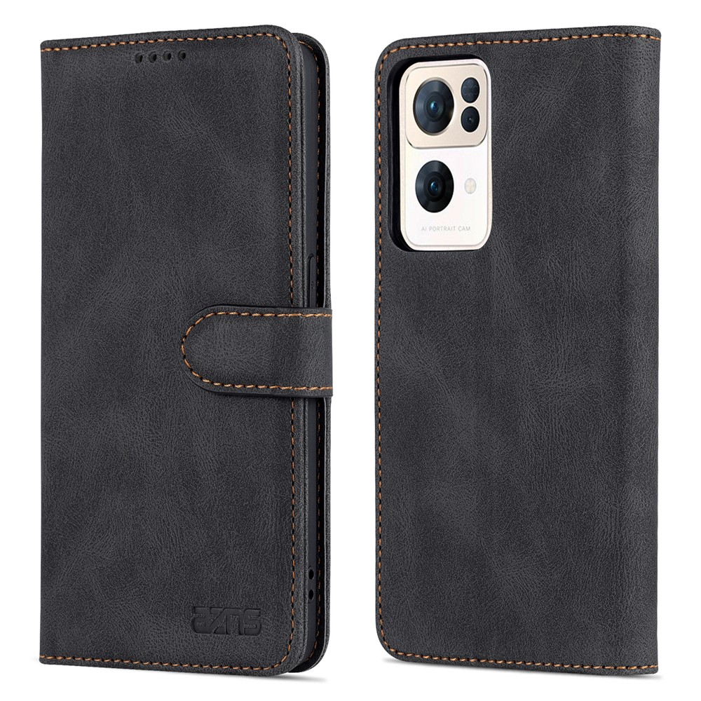 AZNS PU Leather Flip Cover for Oppo Reno7 Pro 5G, Wallet Stand TPU Shockproof Interior Case - Black-1