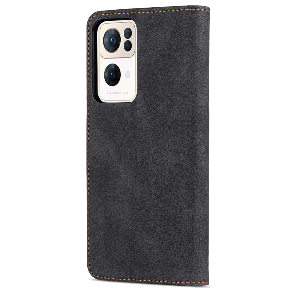 AZNS PU Leather Flip Cover for Oppo Reno7 Pro 5G, Wallet Stand TPU Shockproof Interior Case - Black-3