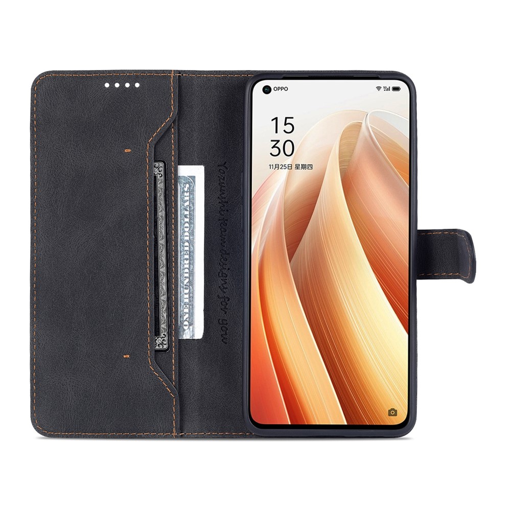 AZNS PU Leather Flip Cover for Oppo Reno7 Pro 5G, Wallet Stand TPU Shockproof Interior Case - Black-4