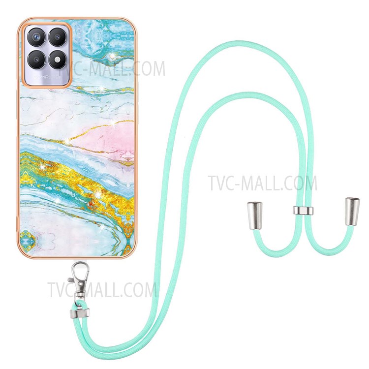 YB IMD Series-9 Marble Case for Realme 8i, Ultra-Thin Soft TPU Shockproof Electroplating IMD Protective Cover with Shoulder Strap - Green 004-1