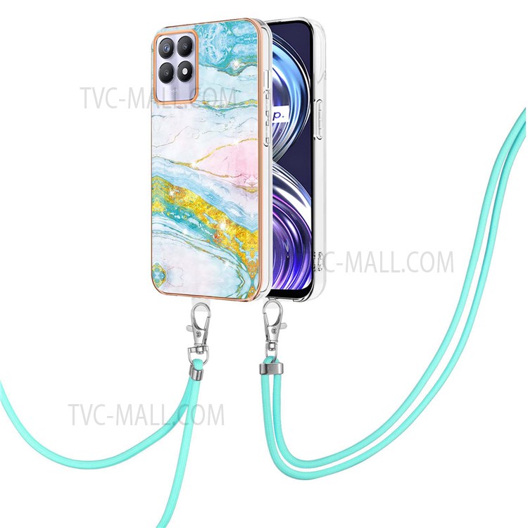 YB IMD Series-9 Marble Case for Realme 8i, Ultra-Thin Soft TPU Shockproof Electroplating IMD Protective Cover with Shoulder Strap - Green 004-2