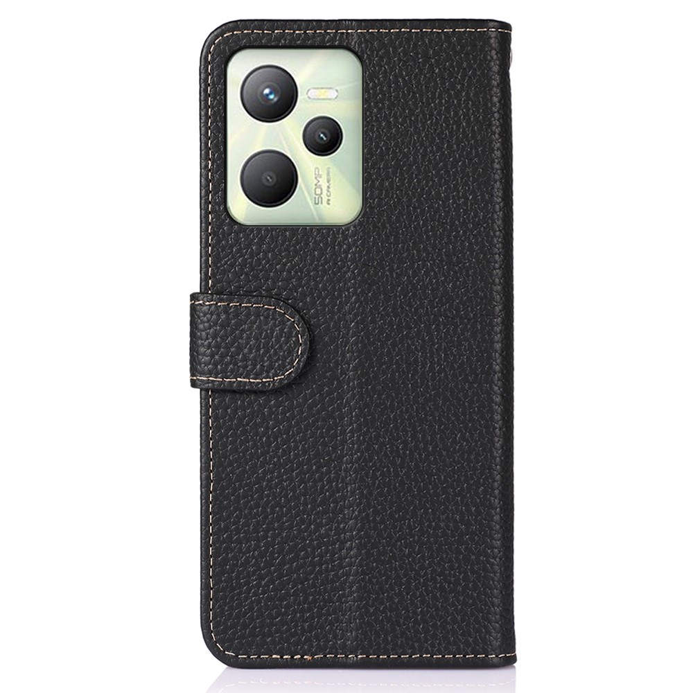 KHAZNEH For Realme C35 Litchi Texture Top-layer Genuine Leather Case Phone Cover with Stand Wallet - Black-3