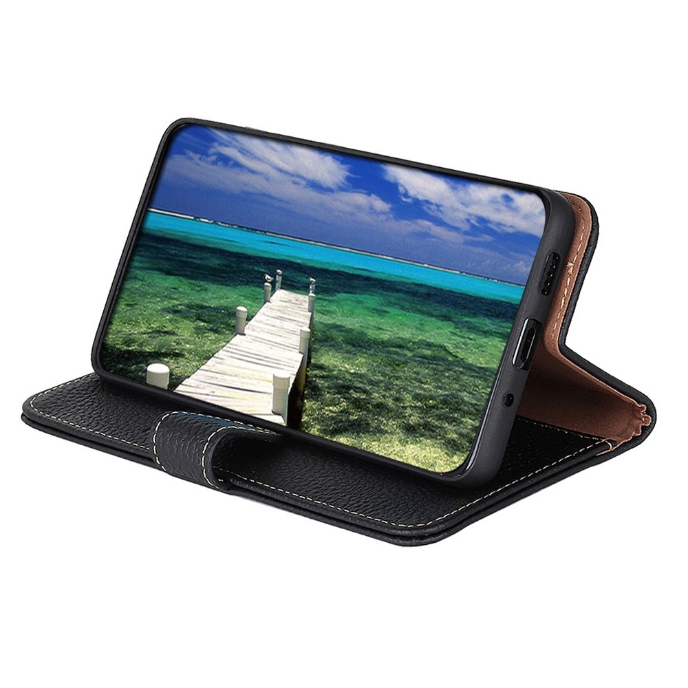 KHAZNEH For Realme C35 Litchi Texture Top-layer Genuine Leather Case Phone Cover with Stand Wallet - Black-4
