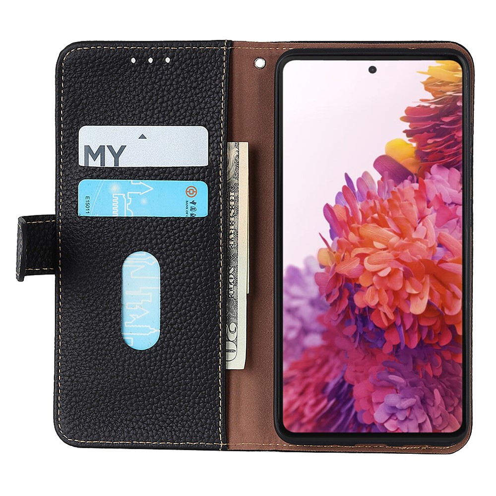 KHAZNEH For Realme C35 Litchi Texture Top-layer Genuine Leather Case Phone Cover with Stand Wallet - Black-5