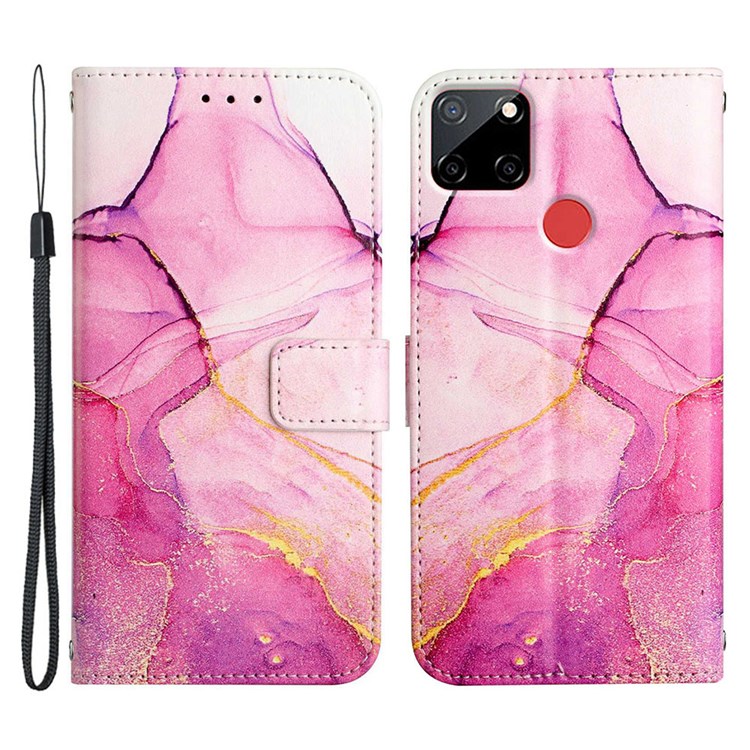 YB Pattern Printing Leather Series-5 for Realme C12/C25s/7i (Global)/Narzo 30A/Narzo 20, Marble Pattern Leather Shell Full Coverage Wallet Stand Case + Strap - Pink/Purple/Gold LS001-1