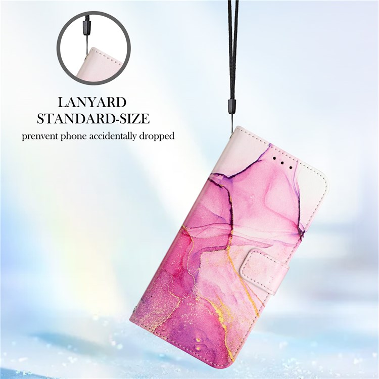 YB Pattern Printing Leather Series-5 for Realme C12/C25s/7i (Global)/Narzo 30A/Narzo 20, Marble Pattern Leather Shell Full Coverage Wallet Stand Case + Strap - Pink/Purple/Gold LS001-11