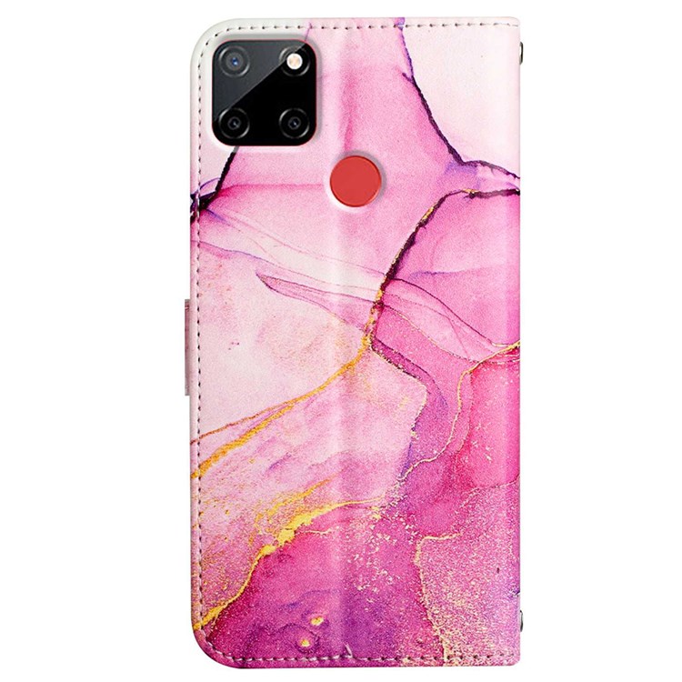 YB Pattern Printing Leather Series-5 for Realme C12/C25s/7i (Global)/Narzo 30A/Narzo 20, Marble Pattern Leather Shell Full Coverage Wallet Stand Case + Strap - Pink/Purple/Gold LS001-3