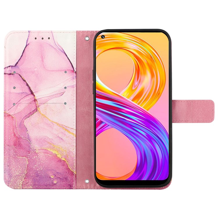 YB Pattern Printing Leather Series-5 for Realme C12/C25s/7i (Global)/Narzo 30A/Narzo 20, Marble Pattern Leather Shell Full Coverage Wallet Stand Case + Strap - Pink/Purple/Gold LS001-5