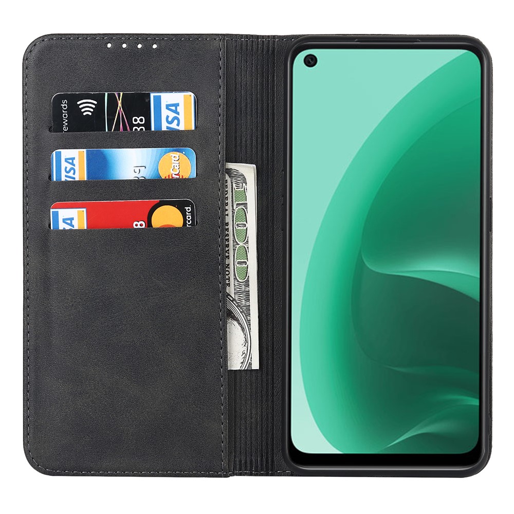 Textured PU Leather Wallet Case for Oppo A55s 5G, Magnetic Auto-absorbed Adjustable Phone Cover - Black-4