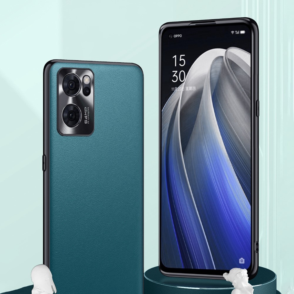 FUKELAI For Oppo Reno7 5G (Global)/Find X5 Lite Metal Lens Protection Anti-scratch Textured PU Leather Coated TPU Phone Case Cover - Green-3