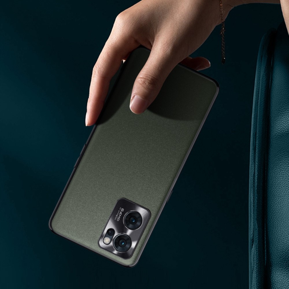 FUKELAI For Oppo Reno7 5G (Global)/Find X5 Lite Metal Lens Protection Anti-scratch Textured PU Leather Coated TPU Phone Case Cover - Green-5