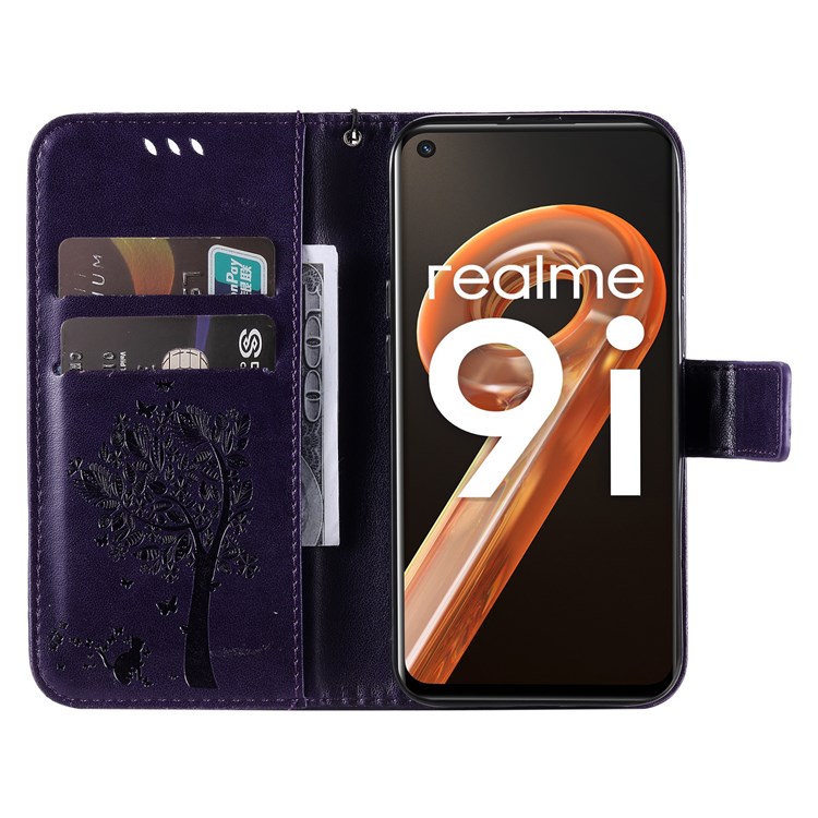 For Realme 9i/Oppo A36/Oppo A76 KT Imprinting Flower Series-3 PU Leather Case, Cat Tree Pattern Imprinted Phone Cover with Stand Wallet Design and Handy Strap - Purple-2