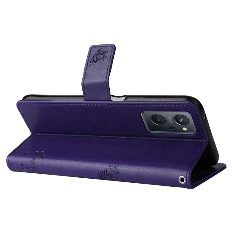 For Realme 9i/Oppo A36/Oppo A76 KT Imprinting Flower Series-3 PU Leather Case, Cat Tree Pattern Imprinted Phone Cover with Stand Wallet Design and Handy Strap - Purple-3