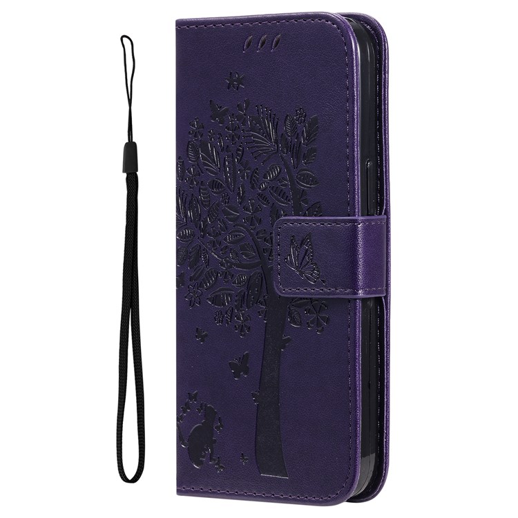 For Realme 9i/Oppo A36/Oppo A76 KT Imprinting Flower Series-3 PU Leather Case, Cat Tree Pattern Imprinted Phone Cover with Stand Wallet Design and Handy Strap - Purple-6